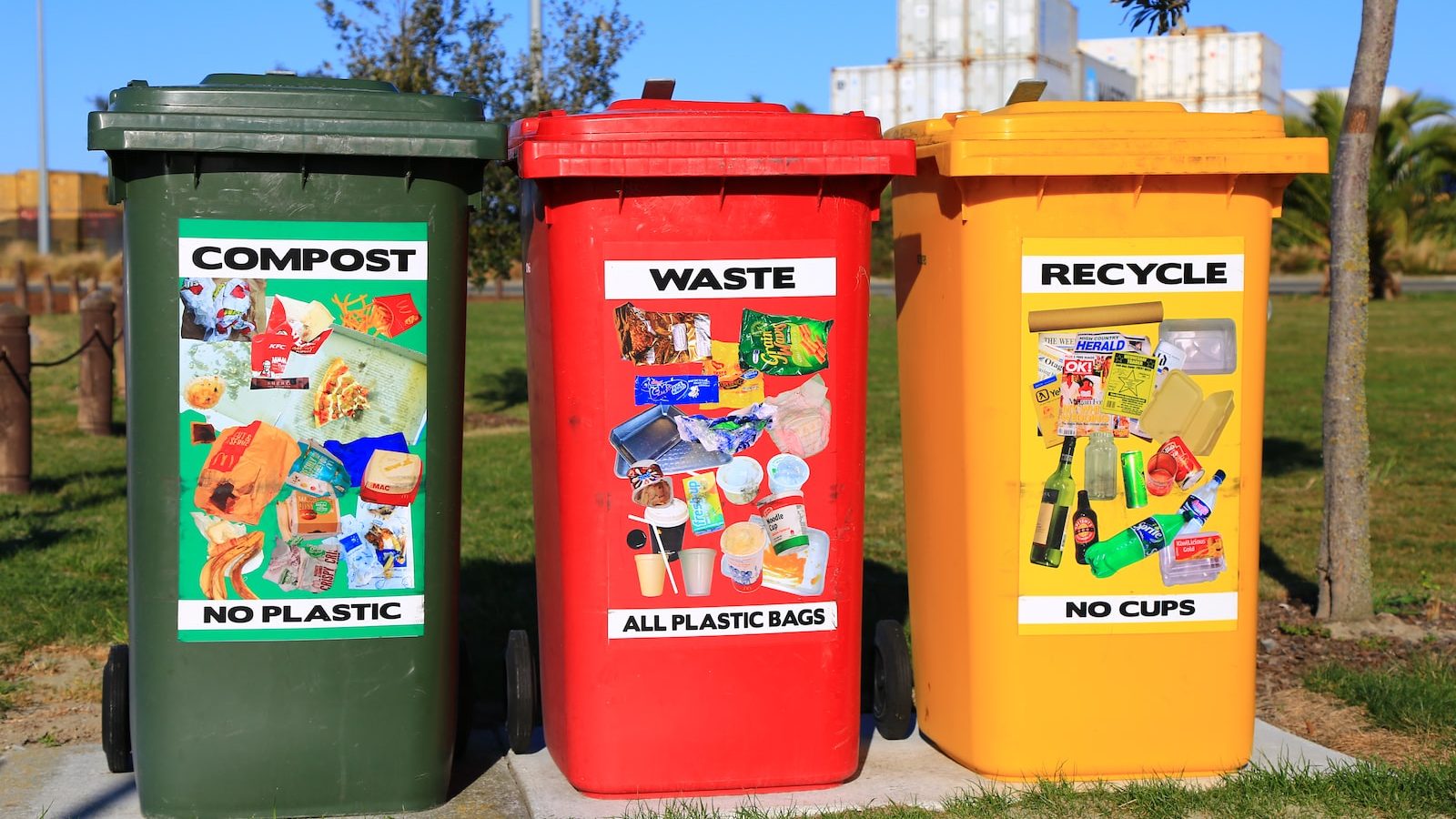 red yellow and green trash bins